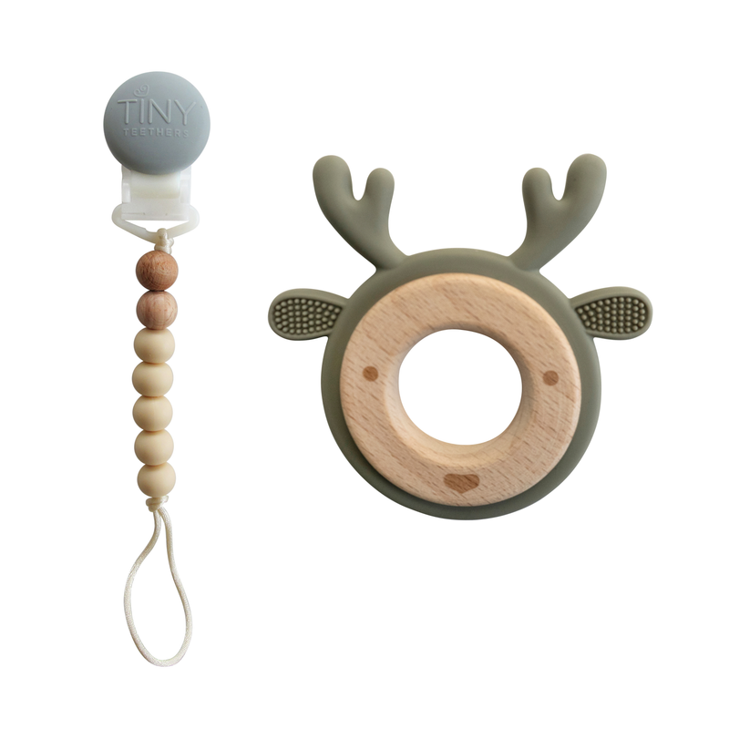 Tiny Teethers - Deer Teether on a Beaded Strand: Silvery Sage